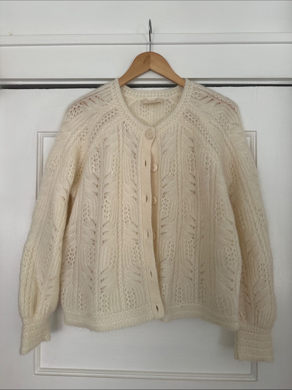Sezane Cream Openwork Knit Button-Front Cardigan